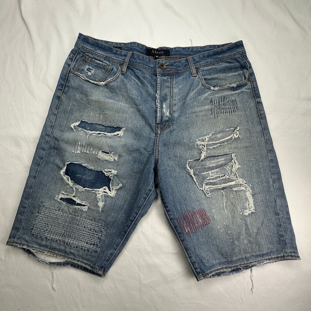 AKOO Distressed Patchwork Streetwear Denim Blue Jean Shorts